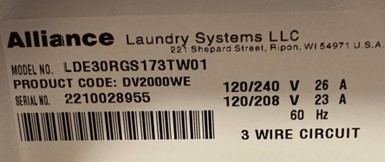 Alliance Laundry Systems (Speed Queen) product tag showing the full model number and the shorter product code