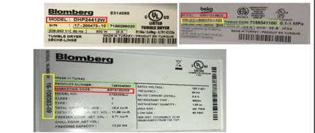 Beko and Blomberg product tags with the model number outlined in red, serial number in yellow and product code in green