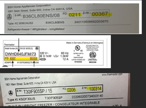 Three Bosch product tags showing how the FD number and Z-Nr. combine into the 9-digit serial number