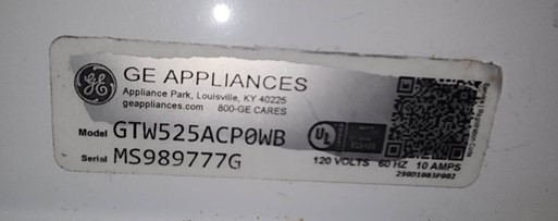 GE product tag with clearly labeled model number GTW525ACP0WB and serial number MS989777G