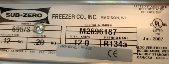 Sub-Zero product tag showing model number 695/S with the required slash