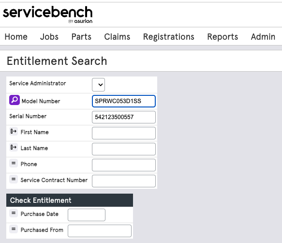 ServiceBench warranty entitlement search screen