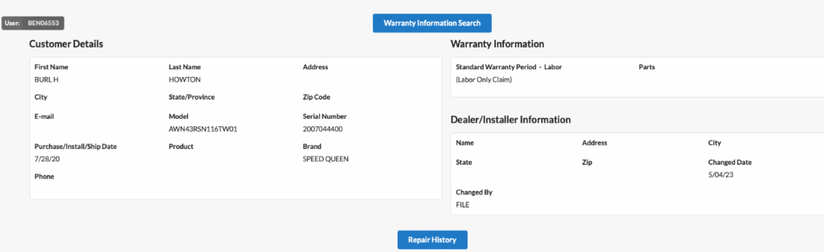 ServicePower warranty entitlement search screen